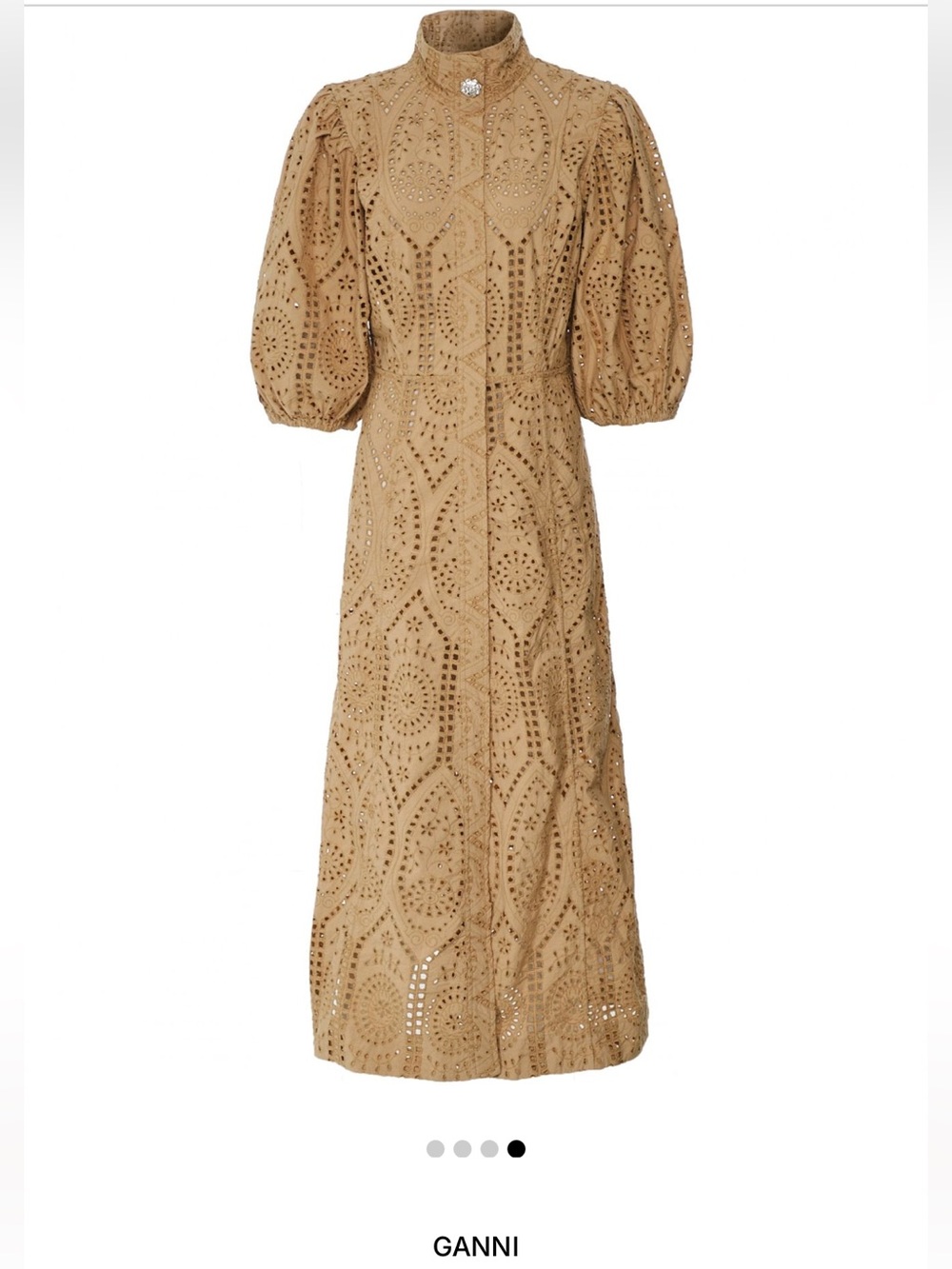 Ganni Tan Broderie Anglaise Midi Dress with Puff Sleeves - Picture 5 of 9